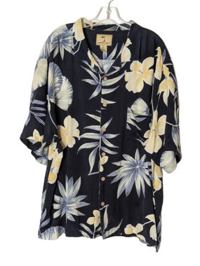 Men's Jamaica Jaxx Casual Button Down Shirt XXL Black Beige Floral Silk